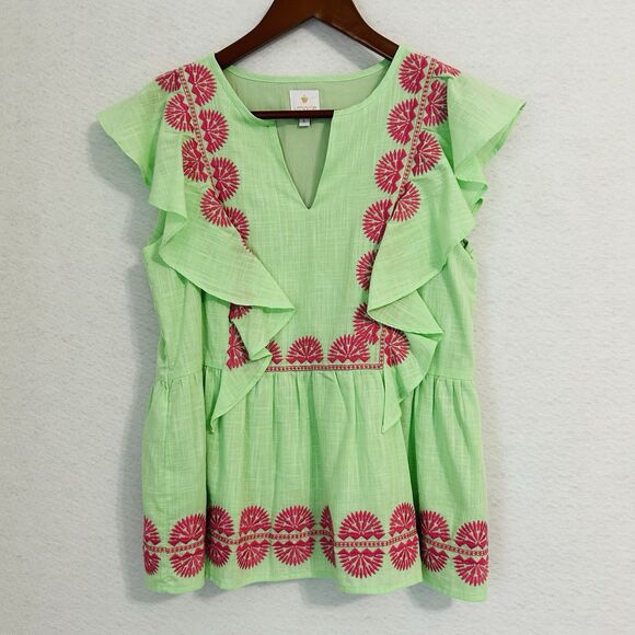 J.Marie Blouse Women S Green Pink Cotton Blend Embroidery Ruffle Boho Resort - Picture 11 of 12